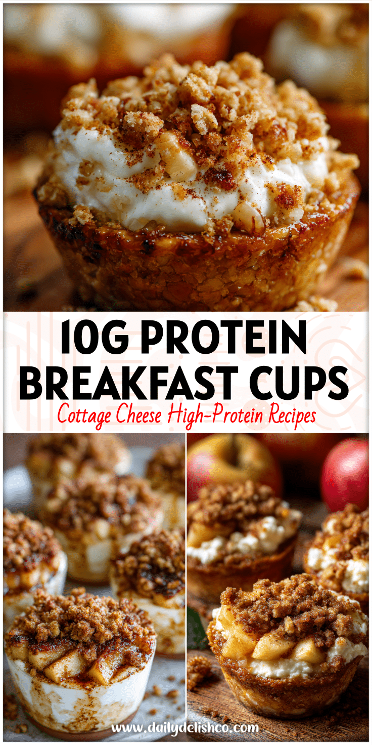 Golden Baked Apple Cinnamon Cottage Cheese Breakfast Bowls topped with crumble for a cozy high protein treat.